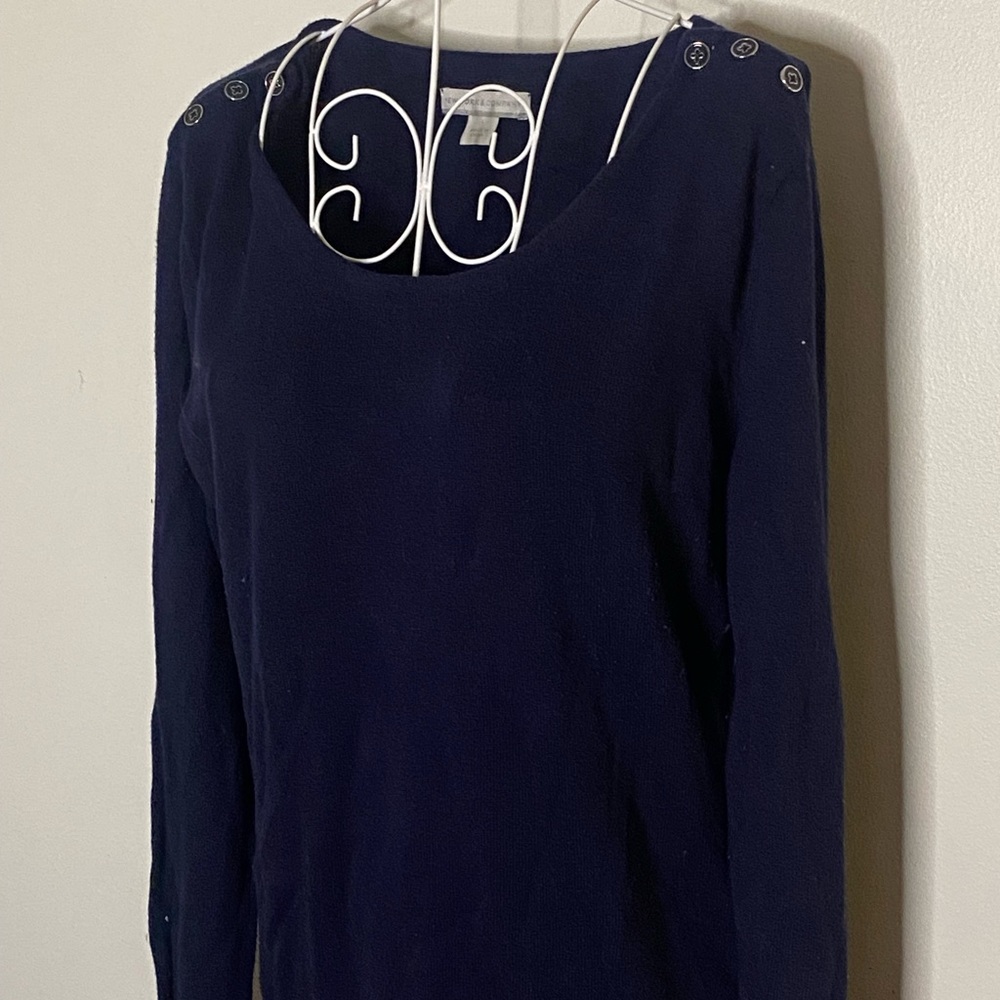 New York & Company navy blue sweater, lightweight with button detail on shoulder